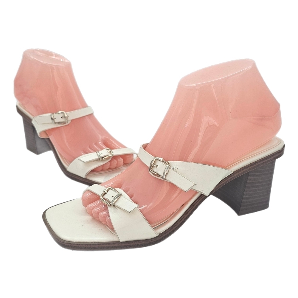 Open Edit Akari Ivory Egret White Block Heel Sandals Square Toe Women’s Size 8